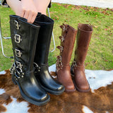 GETADME Brown Belt Bule Knee High  Boots Women's Spring Summer Retro Western Knight Faion Boots Waterproof Platform