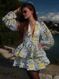 GETADME Fashion Print Ruffles Dress For Women V-neck Flare Sleeve Ball Gown Zipper Mini Dresses 2025 Summer Lady Elegant Party Vestidos