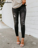 GETADME Fashion Mid Waist Skinny Jeans Women Vintage Distressed Denim Pants Autumn Crimped Destroyed Pencil  Casual Ripped