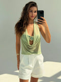 GETADME Women's Summer Vacation Sexy Semi-transparent Drop-Neck Metallic Decorated Backless Vest, Off-Shoulder Top