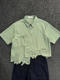 GETADME Women Y2K Streetwear Green Plaid Short Sleeve Shirt Cat Embroidery Asymmetrical Hem Frog Button Casual Loose Fit Couple Top 2026