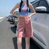 GETADME Summer New Korea Fashion Loose Women Jeans Shorts Purple Pink High Waist Straight Pockets Female Wide Short Pants