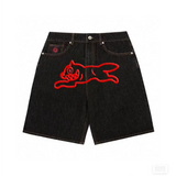 GETADME Summer original color washed flying dog print denim shorts beach trend loose fashion couple quarter pants straight casual pants