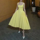 GETADME 2025 Women's Clothing Summer Square Collar Sleeveless Ruched Hem A-line Dresses Elegant Solid High Waist Long Vestidos
