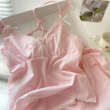 GETADME 레이스 잠옷 여성 파자마 세트 솔리드 한국식 피아마 여름 반바지 세트 2피스 스파게티 스트랩 나이트웨어 캐주얼 홈 슈트