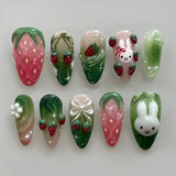 GETADME 24Pcs 3D Strawberry Rabbit Flower Fake Nails Press on Mid-length Almond Wearable False Nails Green Gradient Pearl Manicure Tips