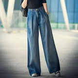 GETADME Slouchy Jeans Women's Wide-leg Jeans 2025 y2k Streetwear High Waist Vintage Trousers Casual Simple Blue Straight Denim Long Pant