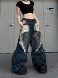 GETADME Vintage Patchwork Distressed Jeans Hip Hop Loose Wide Leg Cargo Pants Women's Washed Distressed Denim Trousers