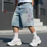 GETADME Men's Light Blue Cherry Blossom Embroidered Denim Shorts, Loose Wide-Leg Streetwear Trendy Denim Capris