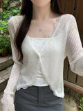 GETADME Lace Trim One Button Long Sleeve Crop Top Women Short Sleeve Open Front Ribbed Knit Cardigan Sweater Summer Fairycore Outfit