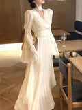 Getadme Long Dress Women Elegant Spring Folds Fashion Evening Party Lady Vestido Vintage Summer French Loose Dresses Female Clothing