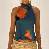 GETADME Combhasaki Women's Y2K Button Closure Halter Neck Crop Tops Sleeveless Backless Aesthetic Dots/Tie-dye Flower Print Summer Vests