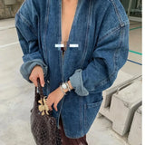 GETADME Women Denim Jacket 2025 Spring Autumn Retro Double Breasted Shoulder Padded V Neck Loose Casual Long Blue Denim Coat