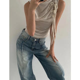 GETADME Streetwear Folds Tank Tops Women Lace Up Sleeveless Tshirts Korean Fashion Chic 2025 Summer Mesh  Casual Tanks Y2k