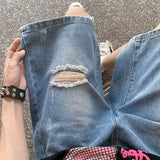 GETADME Summer Distressed Ripped Jorts Mens Drawstring Retro Fashion Denim Shorts Hombre Y2K Streetwear Baggy Short Jeans Blue Bermuda