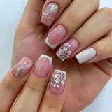 GETADME 24Pcs Short Square Coffin False Nails Square Fake Nails with Glue French Glitter Wearable Acrylic Nails Set Press on Nail Tips