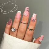 GETADME 24Pcs Short Square Coffin False Nails Square Fake Nails with Glue French Glitter Wearable Acrylic Nails Set Press on Nail Tips