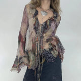 GETADME Y2k Vintage Print Ruffles T-Shirt Sexy Mesh Flare Sleeve Tie-up Cardigans See Through V-neck Tops Street Harajuku Holiday Tee