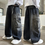 GETADME 2026 Autumn New Children Denim Cargo Pants Korean Style Teens Boys Straight Jeans Children Loose Casual Cotton Trousers
