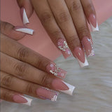 GETADME 24Pcs Brown Long Coffin False Nails Glitter Ballet Wearable with French Design Fake nails Full Press on Nail Ins Nail Tips Art