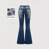 GETADME Slimming Micro Flare Pants Polyester Elastic Printed And Embroidered Denim Look Bottoms for Women Elegant Fashionable