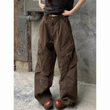 GETADME American Retro Casual Harajuku Jeans Women Mutil Pockets Vintage Aesthetic Denim Pants Y2K Wide Leg Punk Baggy Brown Trousers