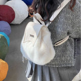 Getadme Sweet Cute Soft Plush Shoulder Bag White Harajuku Style Drawstring Backpack New Large Capacity Elegant Literary Handbag