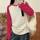GETADME AOSSVIAO 2025 Women's Autumn Winter Fashion O Neck T-Shirt Female Loose Long Sleeve Tees 100% Cotton Patchwork Casual Tops