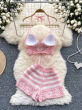 GETADME Beach Vacation Knit 2pcs Suits Women Halter Sleeveless Lace Up Camis+Elastic Waist Shorts Hook Flower Hollow 2pcs Set