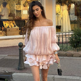 GETADME Ticketsx Summer Shiny One Shoulder Skinny Pleated Mini Dress Elegant Solid Ruched Long Sleeve Vestidos Lady Party Evening Dress