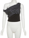 GETADME Weird Puss Polka Dots Print T-Shirts Women Summer Trend Skew Collar Off Shoulder Backless Street Fashion Trend Ruched Crop Tops