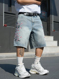 GETADME Men's Light Blue Cherry Blossom Embroidered Denim Shorts, Loose Wide-Leg Streetwear Trendy Denim Capris