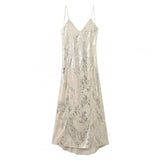 Getadme 섹시 스파게티 스트랩 파티 드레스 메탈 롱 드레스 우아한 백리스 이브닝 드레스