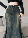 Getadme-Vintage Ripped Women Mermaid Skirt New Fashion Y2K Streetwear Jeans Skirts Female Retro Casual Irregular Hip Skirts Denim