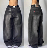 GETADME American New Fashion Geometric Pattern Embroidered Baggy Jeans Women Y2K Harajuku Vintage Hip-hop Popular Casual Wide-leg Pants