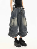 GETADME High Waist  Retro Blue Washed Denim Shorts Women's Harajuku Vintage Fashion Casual Loose Y2K Streetwear Wide Leg Cropped Pants