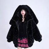 Getadme-American Retro Cute Ears Solid Color Jacket Lazy Style Loose Warm Zipper Jacket Women's Hooded Autumn and Winter Lamb Top