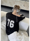 GETADME  Y2k Vintage Women Sweatshirts Sloping Shoulder Letter Printed Long Sleeve American Retro Hoodies Loose Gyaru Streetwear