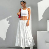 GETADME Summer Women White Long Skirt Solid Basic Lace Up Bow Low-Waisted Big Swing Skirts Female Street Casual Loose Spliced Maxi Dress