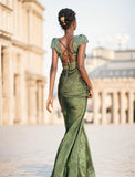 GETADME 2025 Summer Women's Long Dress Turquoise Green V-neck Backless Lace Satin Jacquard Slim Chic Elegant Evening Party Sexy Dresses