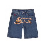 GETADME Summer original color washed flying dog print denim shorts beach trend loose fashion couple quarter pants straight casual pants