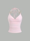 GETADME Women's Sexy Drape V-Neck Metal Decor Slim Fit Backless Halter Neck Cami Top Casual Solid Color Back Tie-Strap Crop Top 2026