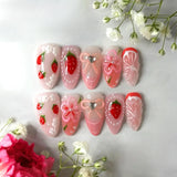 GETADME 24Pcs 3D Strawberry Rabbit Flower Fake Nails Press on Mid-length Almond Wearable False Nails Green Gradient Pearl Manicure Tips