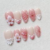 GETADME 24Pcs 3D Strawberry Rabbit Flower Fake Nails Press on Mid-length Almond Wearable False Nails Green Gradient Pearl Manicure Tips