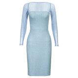 GETADME Trendix Mesh Patchwork Knit Dress Women 2025 Summer Bodycon High Waist Long Sleeve Midi Dresses Vacation Knitwear Sheath Dress