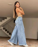 GETADME Women's XS-XL size 2025 Summer New High Waist Retro Loose Hole Wide Leg Pants Light Color Washed New Jeans Women's Pants jeans
