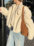 GETADME Winter Fashion Solid Color Lamb Wool Solid Color Jacket Flip Collar Women's Thick Warm Zipper Long Sve Short Coat 2025 New Wo