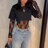 GETADME Sexy Women Crop Top+Lace Jacquard Full Sleeve Bodysuit Hottie Street Clubwear Slim Fit Wild Matching Basic Skinny Tees+Jumpsuit