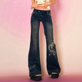 Getadme-Y2K Low Rise Flare Jeans for Woman Streetwear Aesthetic Print Jean Pants Vintage Washed Denim Trouser Grunge Fairycore