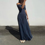 GETADME Off Shoulder Elegant Short Sleeve Shirring Low Waist A-line Long Dress Solid Slim Party Fashion Summer Ruched Patchwork Vestidos